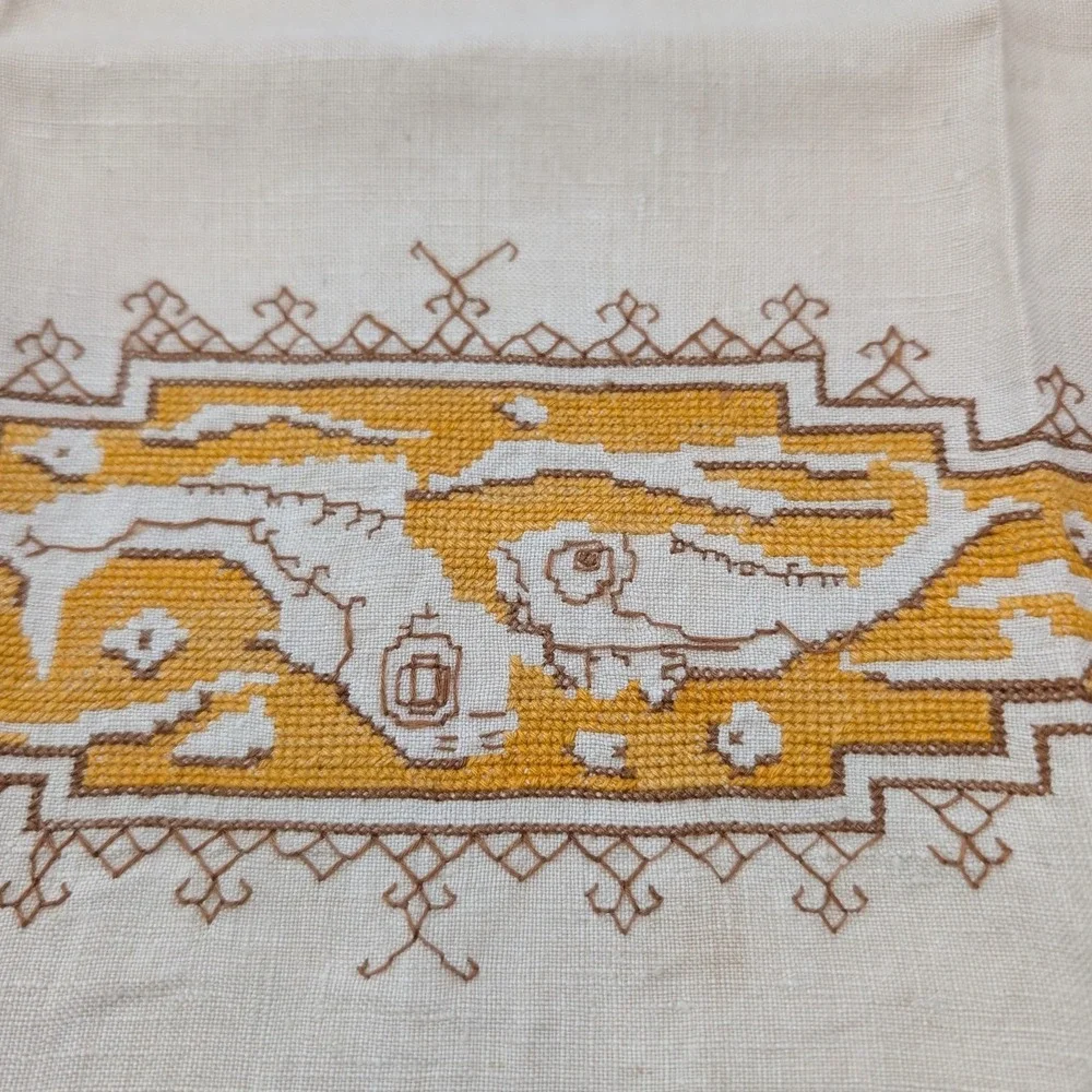 Vtg Linen‎ Hand Towel Cross Stitch Embroidery Yellow Brown Geometric 25x16 MCM